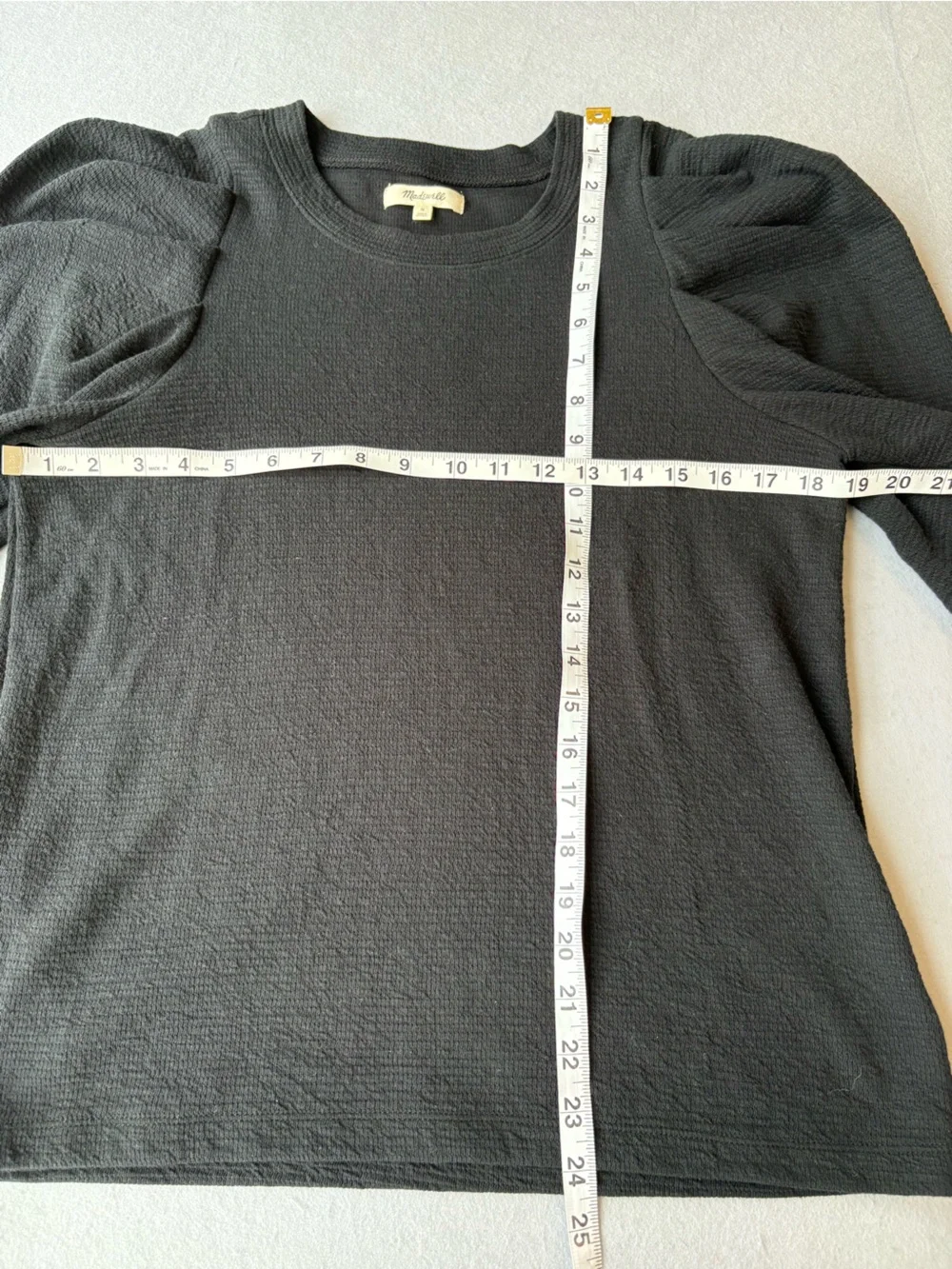 Madewell Brushed Puff Sleeve Top Black Scoop Neck Long Sleeve Textured Knit Sz M